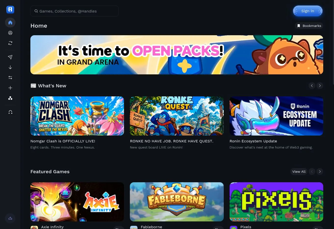 Featured games on Ronin Wallet Web, captured September 27, 2026; listings and interface may change.