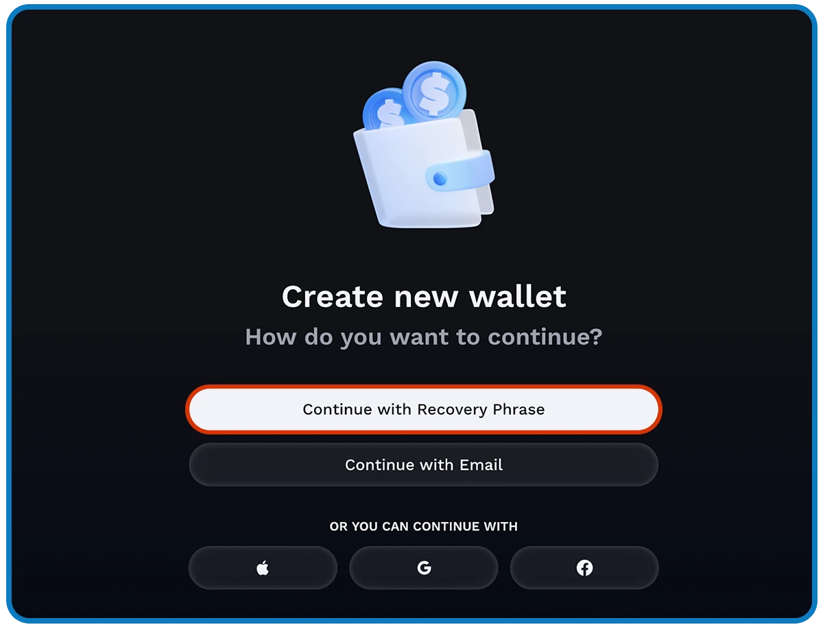 Ronin Wallet option to continue with a recovery phrase.