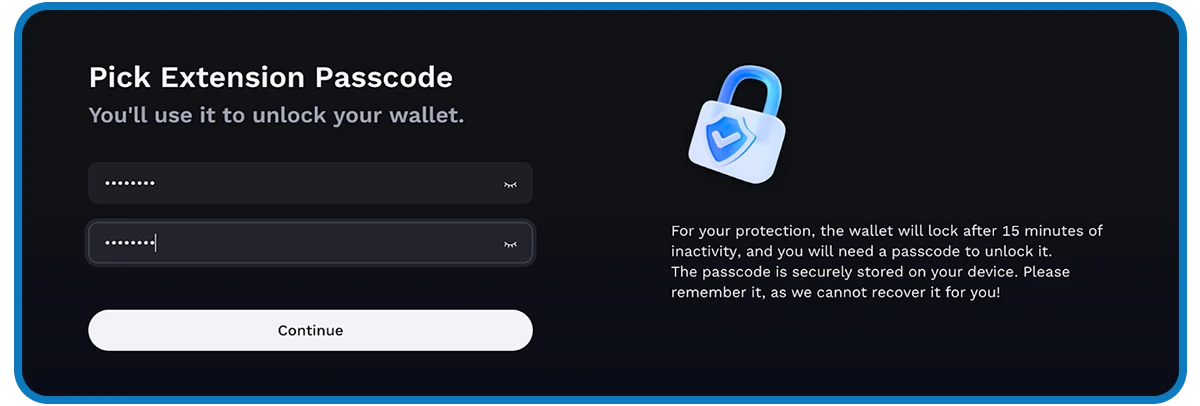 Ronin Wallet screen for setting the local extension passcode.
