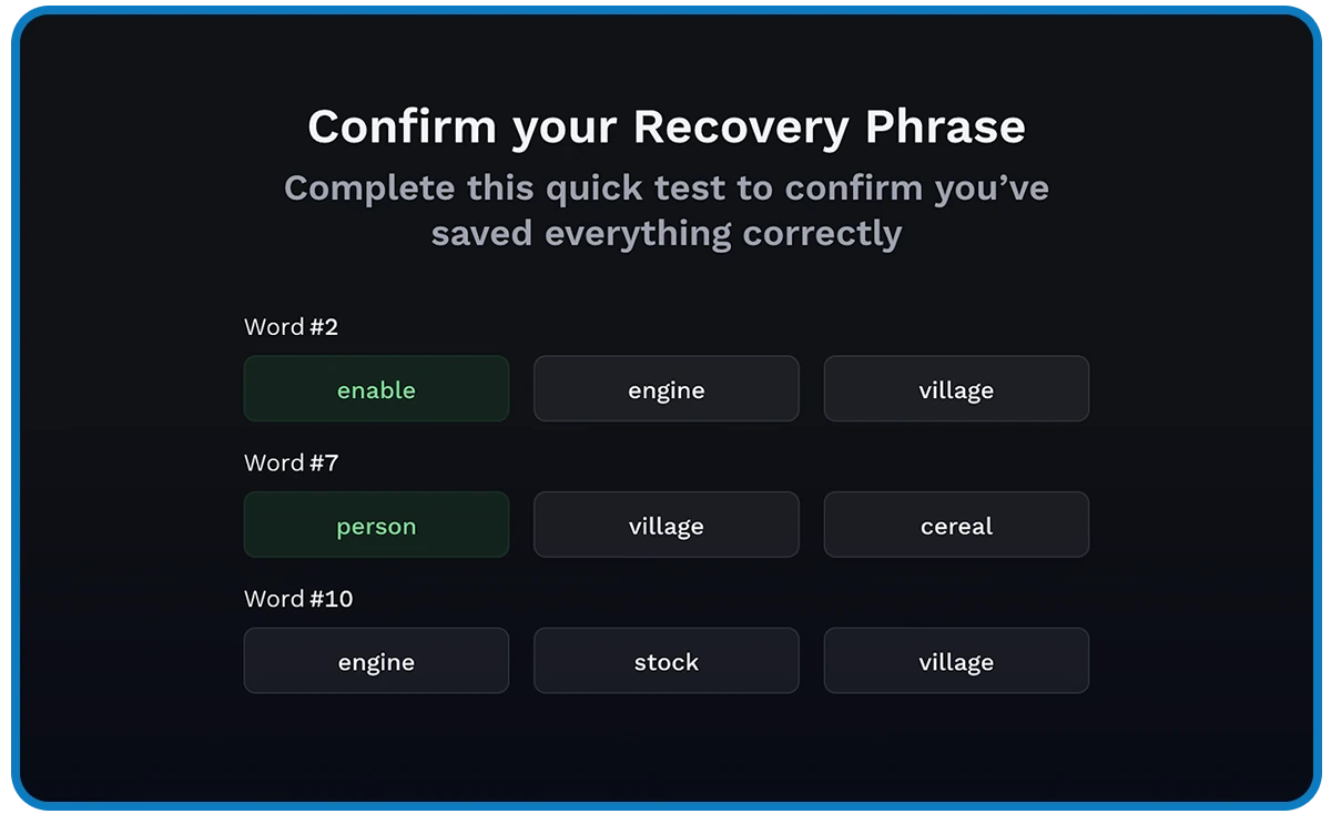 Official Ronin Wallet screen for confirming selected recovery-phrase words.